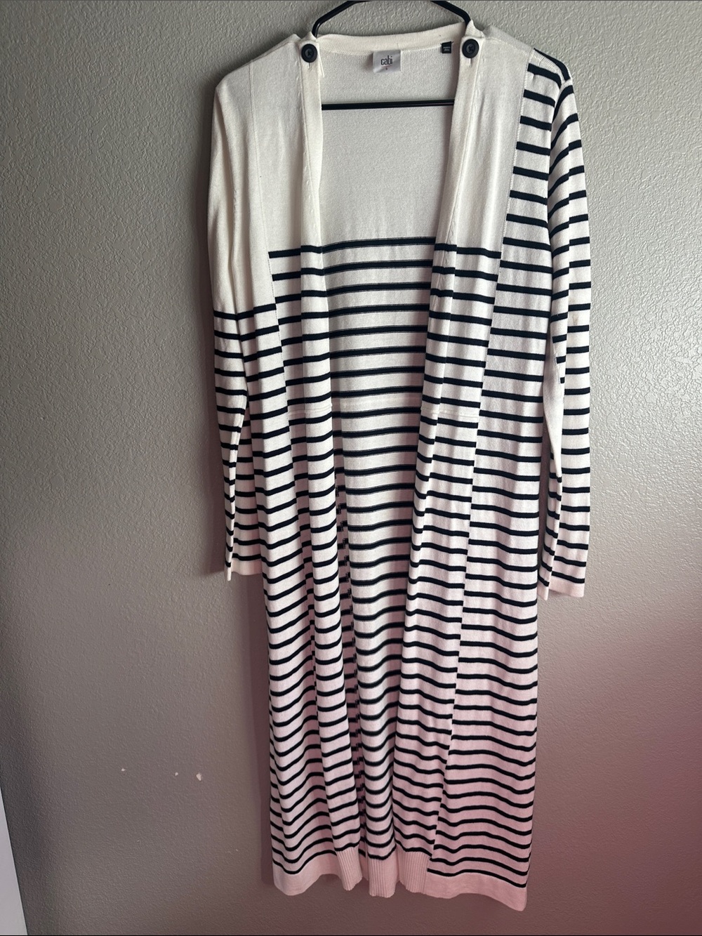 CAbi Black and White Striped Long Cardigan